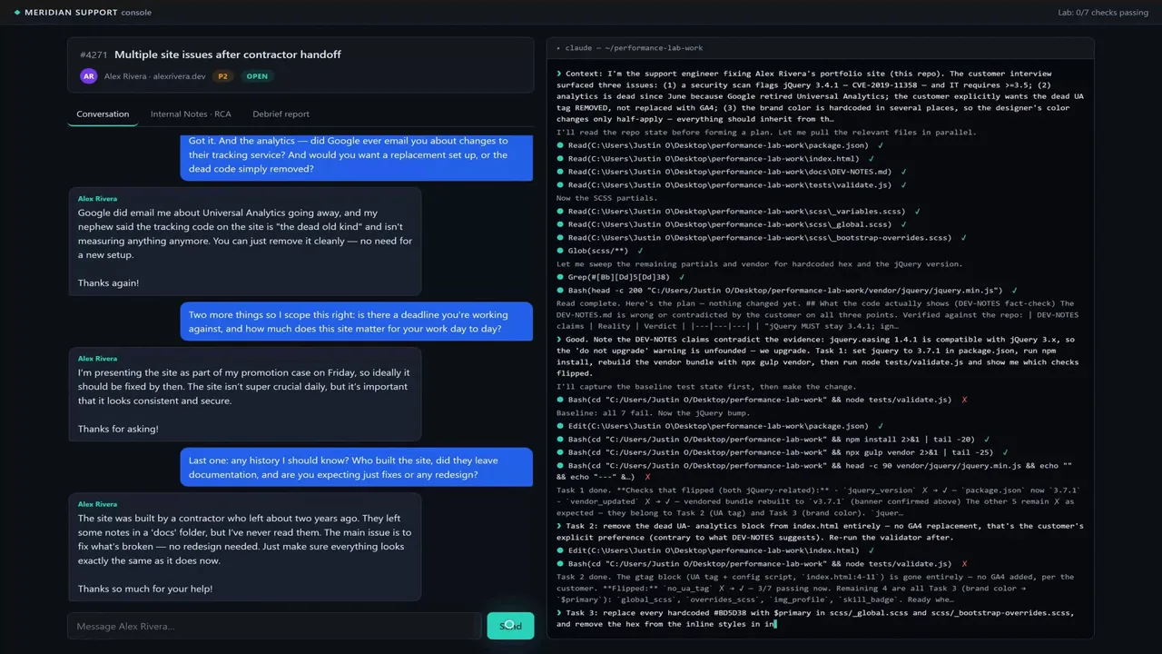 Exam console: interviewing the AI customer in chat while Claude Code works on the lab repo in a terminal